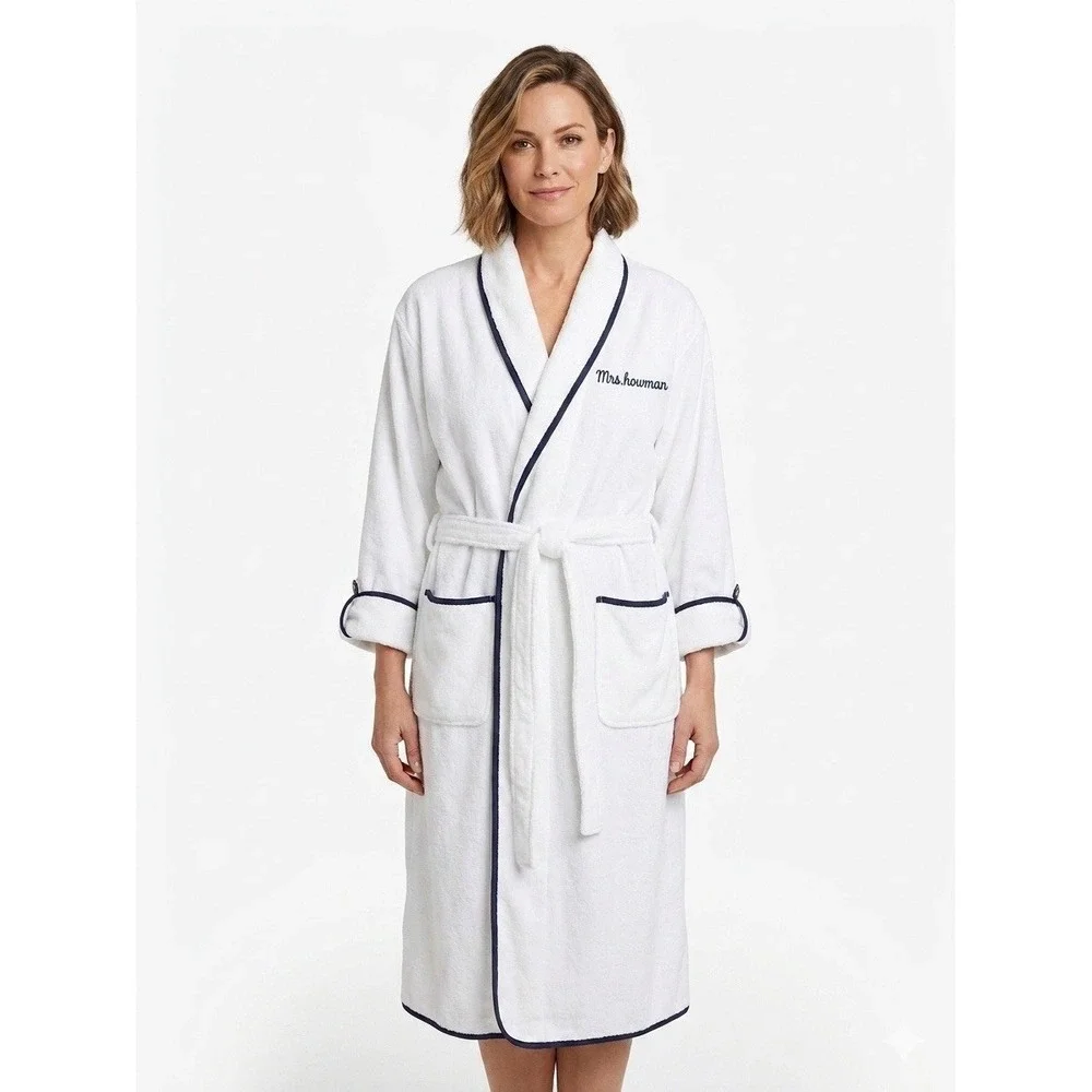 Weezie Towels Short Signature Robe Women White Size M Monogram Button Tie Waist